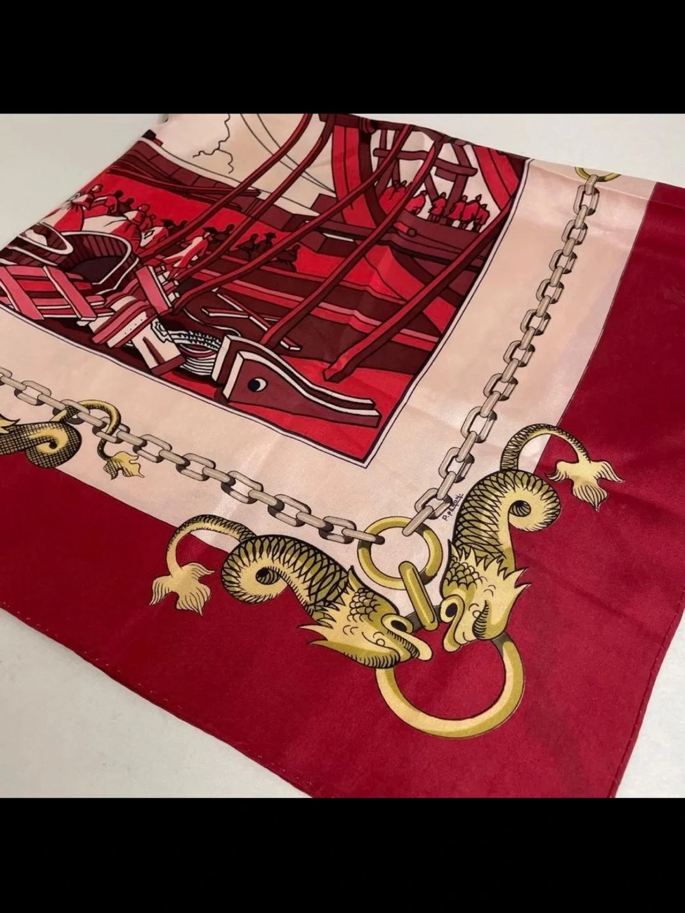 Hermes Red Pink Gold Silk Scarf with Nautical Chain and Dragon Motif